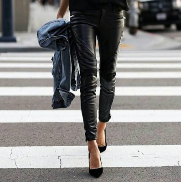 NWT black denim vegan leather moto pants 26